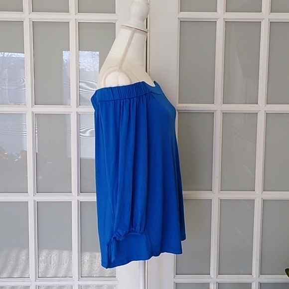 Cable & Gauge Cobalt Blue Off The Shoulder Tie Sleeve Blouse - Picture 4 of 12